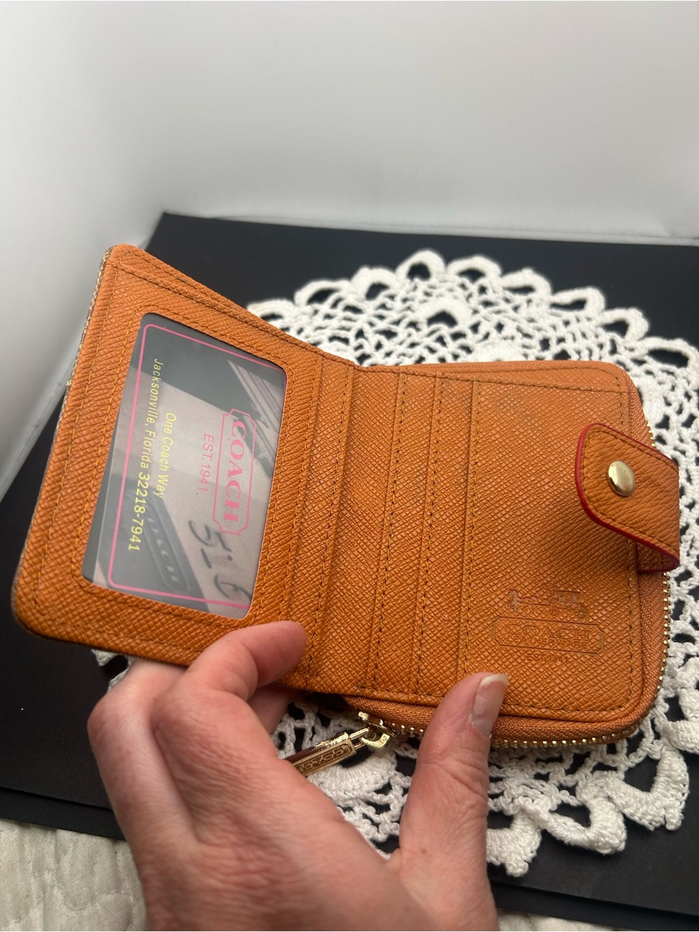 COACH Brown Signature Canvas Wallet with Orange Tab - Picture 4 of 4